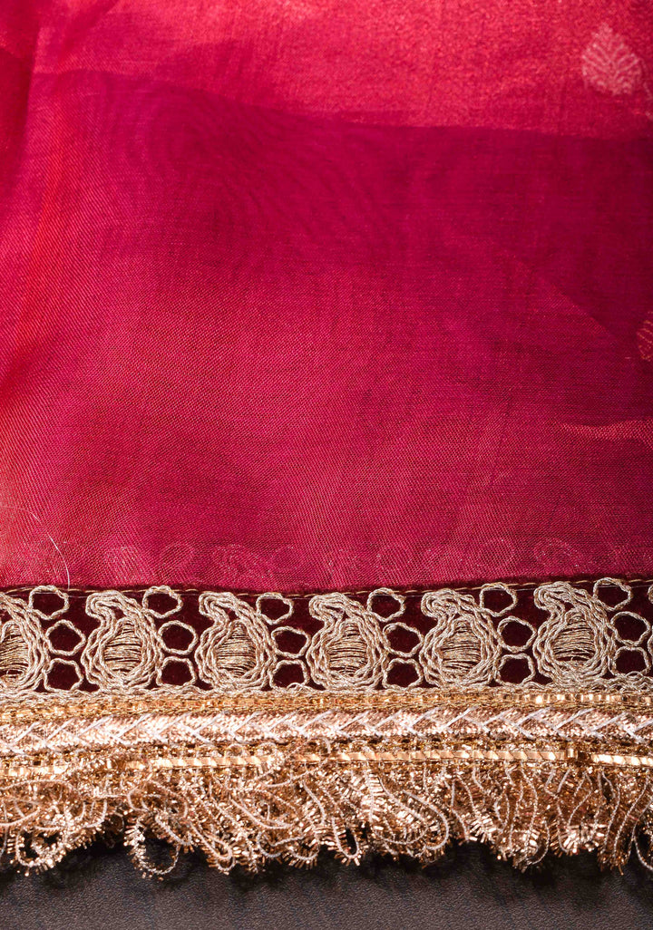 Pinkish Red Banarasi Tissue Handloom Saree with Sona Rupa Buttas and Fancy Lace Border | SILK MARK CERTIFIED