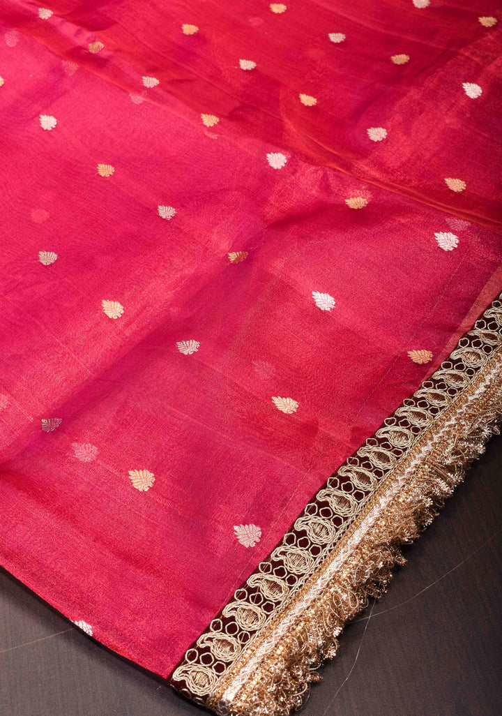 Pinkish Red Banarasi Tissue Handloom Saree with Sona Rupa Buttas and Fancy Lace Border | SILK MARK CERTIFIED