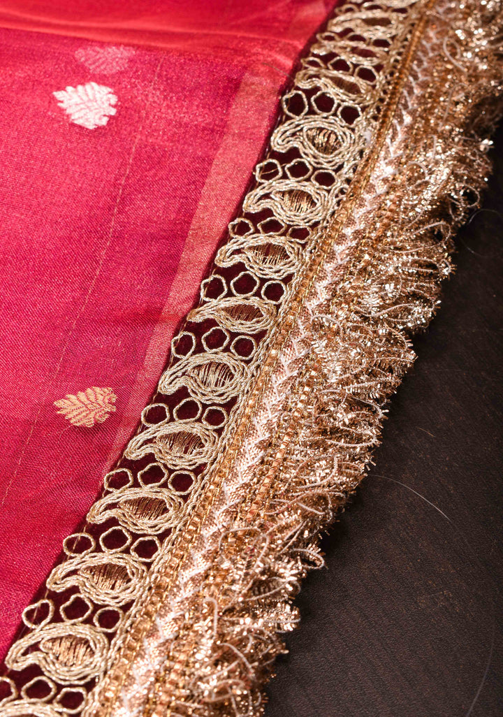 Pinkish Red Banarasi Tissue Handloom Saree with Sona Rupa Buttas and Fancy Lace Border | SILK MARK CERTIFIED