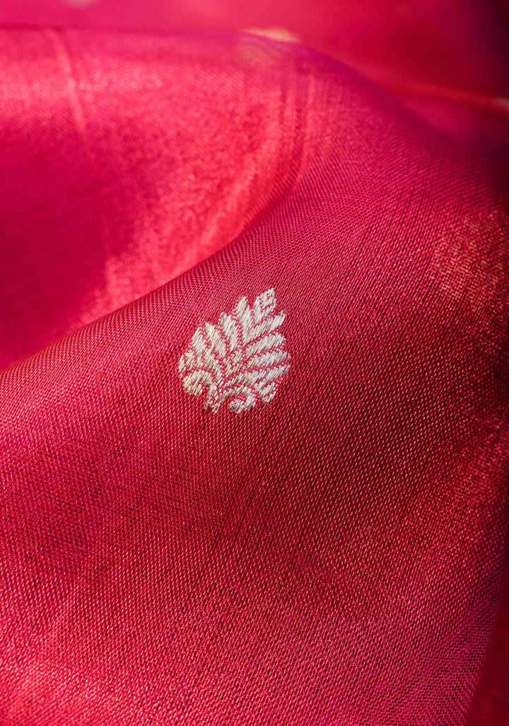 Pinkish Red Banarasi Tissue Handloom Saree with Sona Rupa Buttas and Fancy Lace Border | SILK MARK CERTIFIED