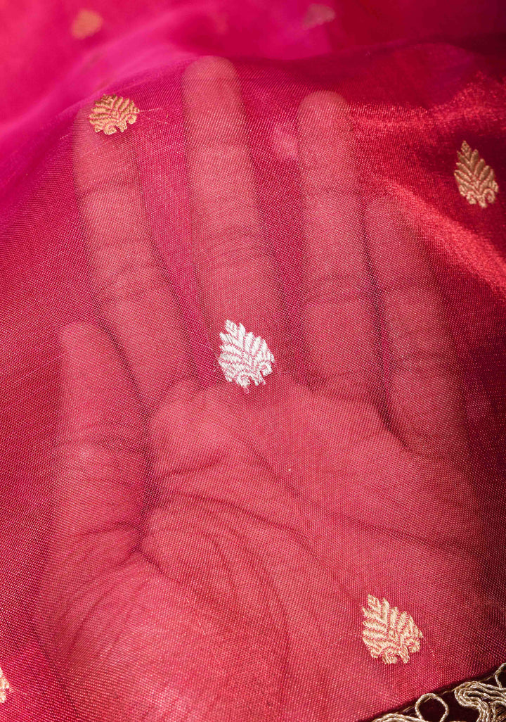 Pinkish Red Banarasi Tissue Handloom Saree with Sona Rupa Buttas and Fancy Lace Border | SILK MARK CERTIFIED