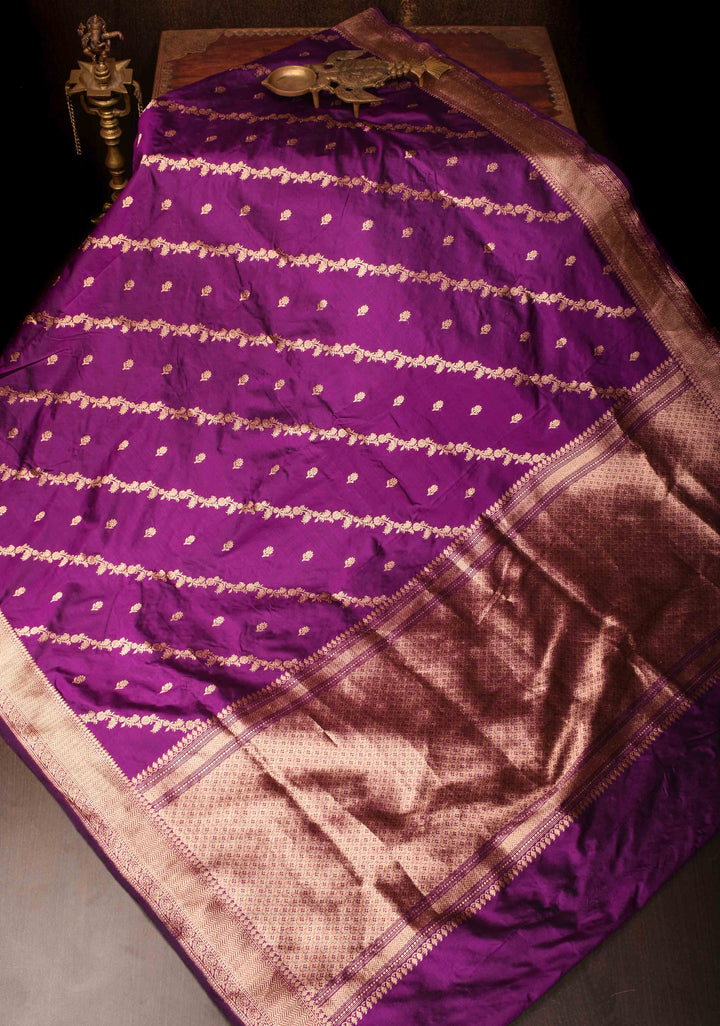 Purple Leheria Pattern Banarasi Katan Silk Saree with Zari Buttas and Zari Border | SILK MARK CERTIFIED