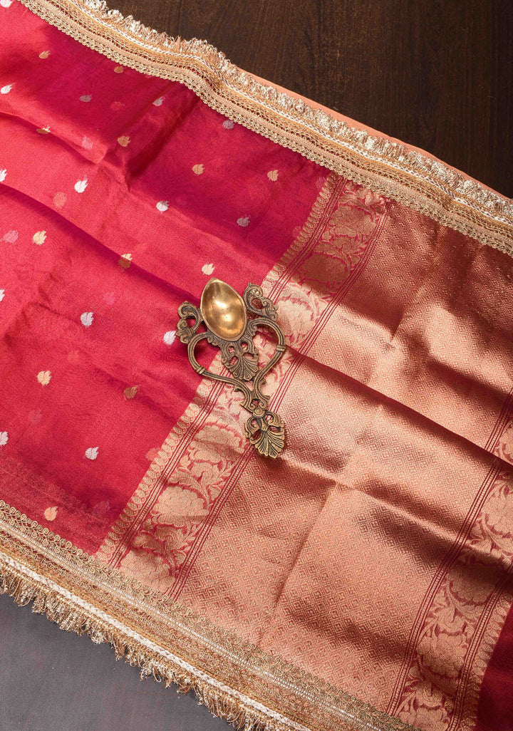 Pink Banarasi Tissue Handloom Saree with Sona Rupa Kadhuwa Buttas and Elegant Lace Border| SILK MARK CERTIFIED