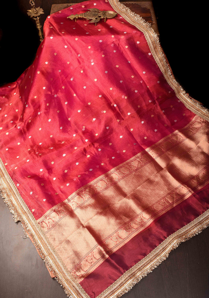Pink Banarasi Tissue Handloom Saree with Sona Rupa Kadhuwa Buttas and Elegant Lace Border| SILK MARK CERTIFIED