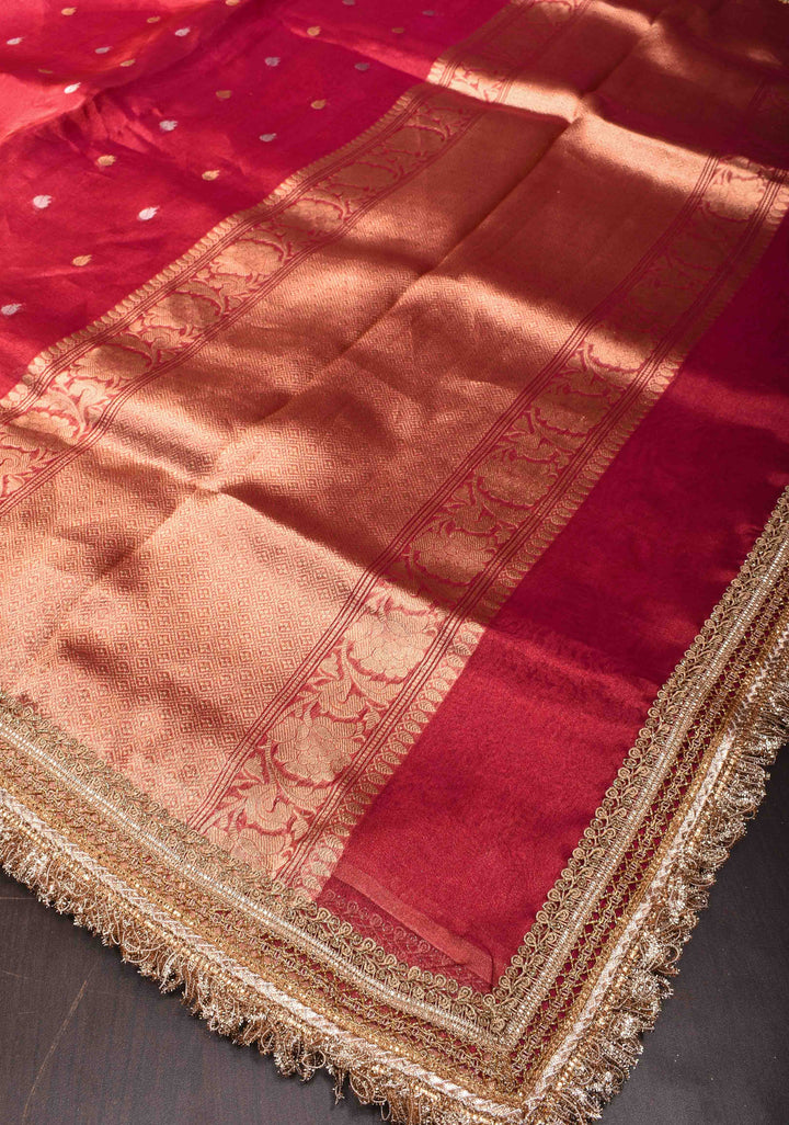 Pink Banarasi Tissue Handloom Saree with Sona Rupa Kadhuwa Buttas and Elegant Lace Border| SILK MARK CERTIFIED