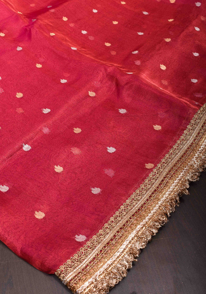 Pink Banarasi Tissue Handloom Saree with Sona Rupa Kadhuwa Buttas and Elegant Lace Border| SILK MARK CERTIFIED