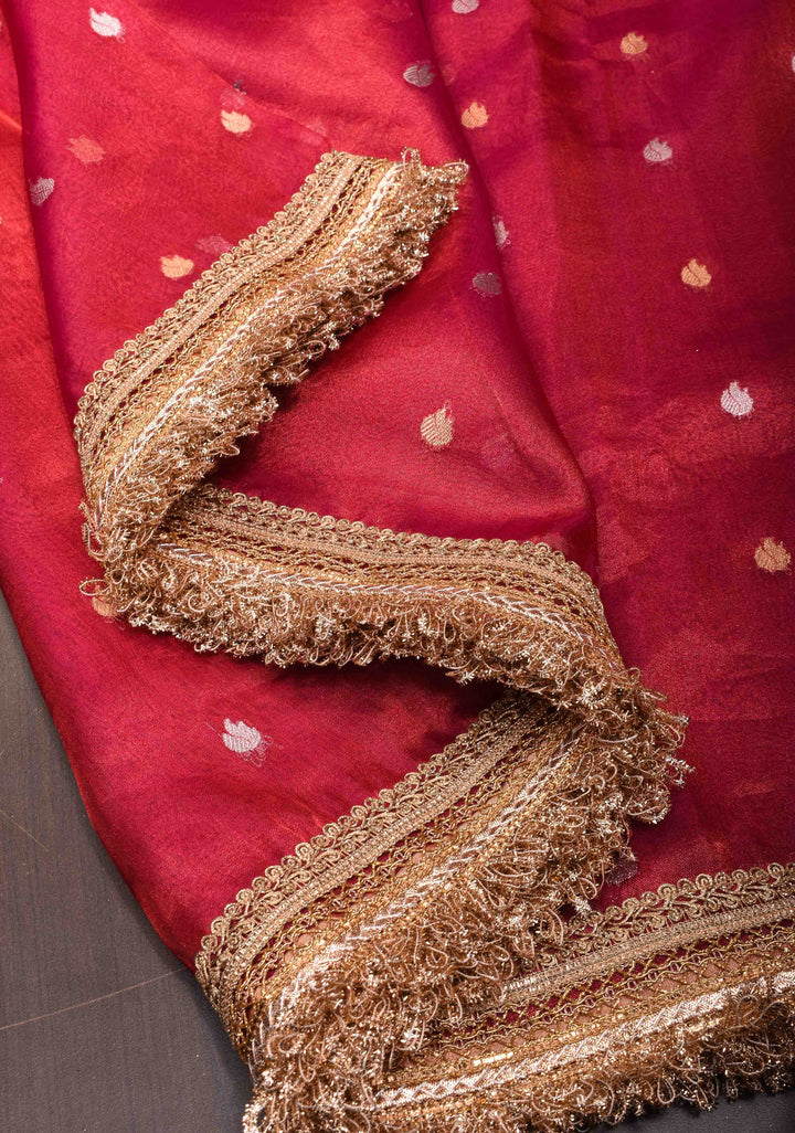 Pink Banarasi Tissue Handloom Saree with Sona Rupa Kadhuwa Buttas and Elegant Lace Border| SILK MARK CERTIFIED