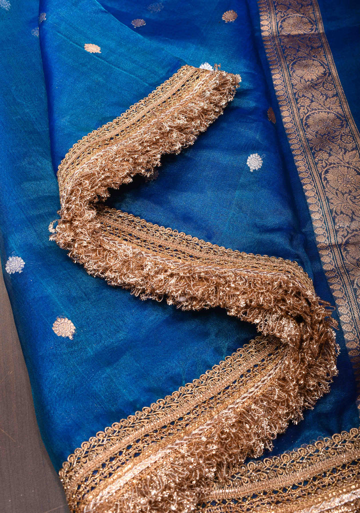Cobalt Blue Banarasi Tissue Handloom Saree with Sona Rupa Buttis and Lace Border| SILK MARK CERTIFIED
