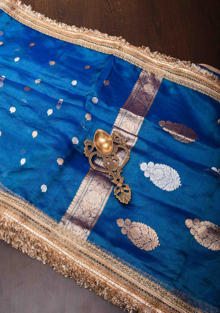 Cobalt Blue Banarasi Tissue Handloom Saree with Sona Rupa Buttis and Lace Border| SILK MARK CERTIFIED
