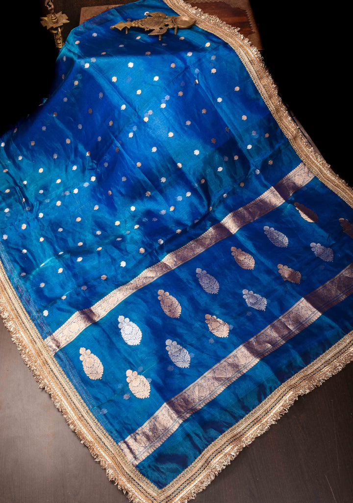 Cobalt Blue Banarasi Tissue Handloom Saree with Sona Rupa Buttis and Lace Border| SILK MARK CERTIFIED