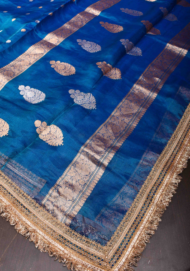 Cobalt Blue Banarasi Tissue Handloom Saree with Sona Rupa Buttis and Lace Border| SILK MARK CERTIFIED