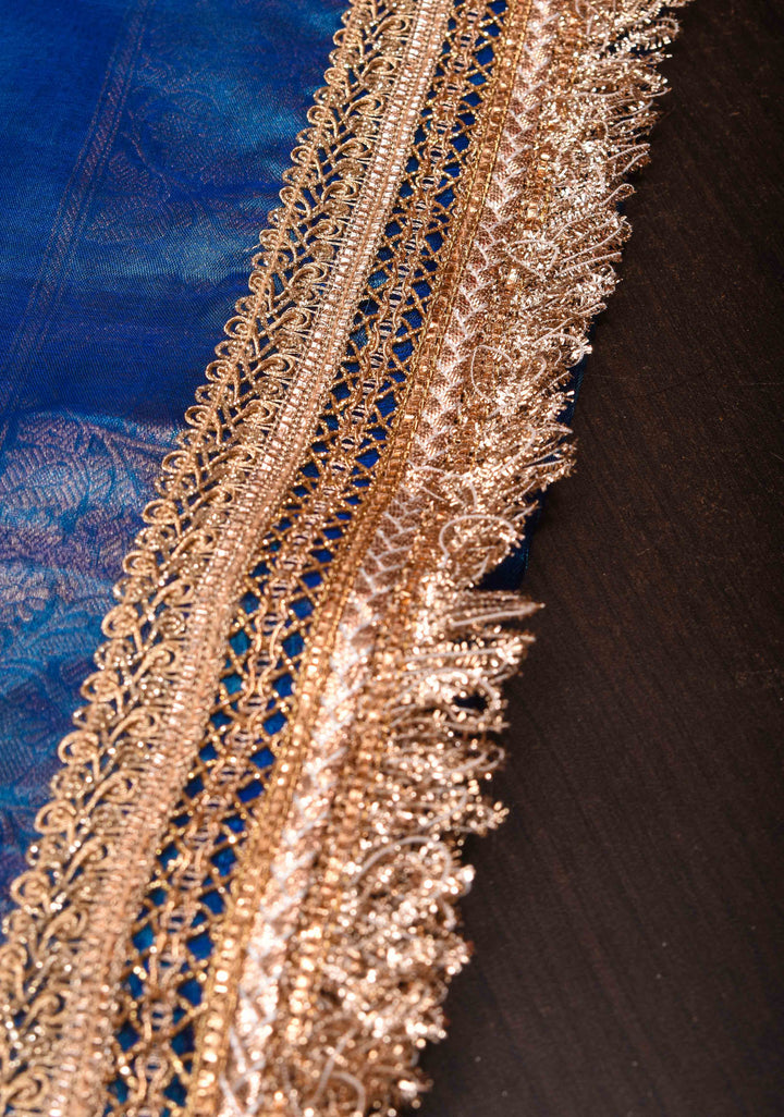 Cobalt Blue Banarasi Tissue Handloom Saree with Sona Rupa Buttis and Lace Border| SILK MARK CERTIFIED