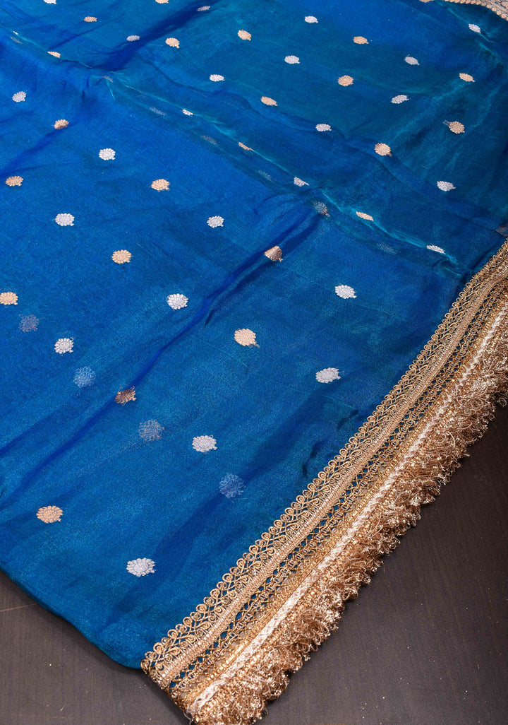 Cobalt Blue Banarasi Tissue Handloom Saree with Sona Rupa Buttis and Lace Border| SILK MARK CERTIFIED