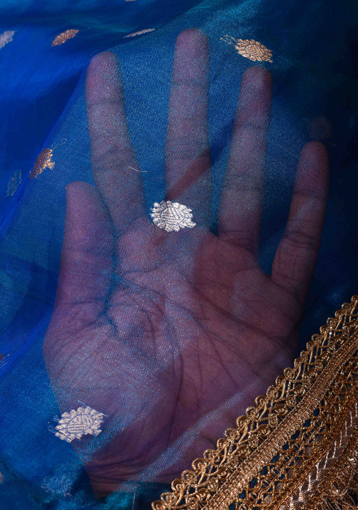 Cobalt Blue Banarasi Tissue Handloom Saree with Sona Rupa Buttis and Lace Border| SILK MARK CERTIFIED