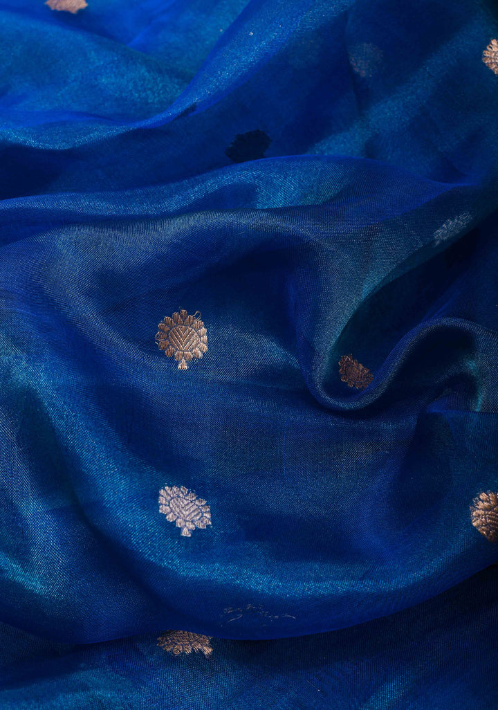 Cobalt Blue Banarasi Tissue Handloom Saree with Sona Rupa Buttis and Lace Border| SILK MARK CERTIFIED