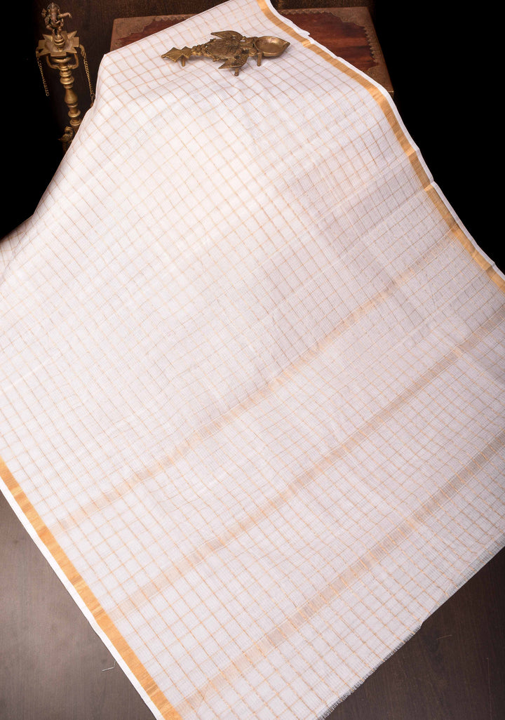 White Kota Doria Cotton Saree with Checks Pattern and Minimal Zari Border
