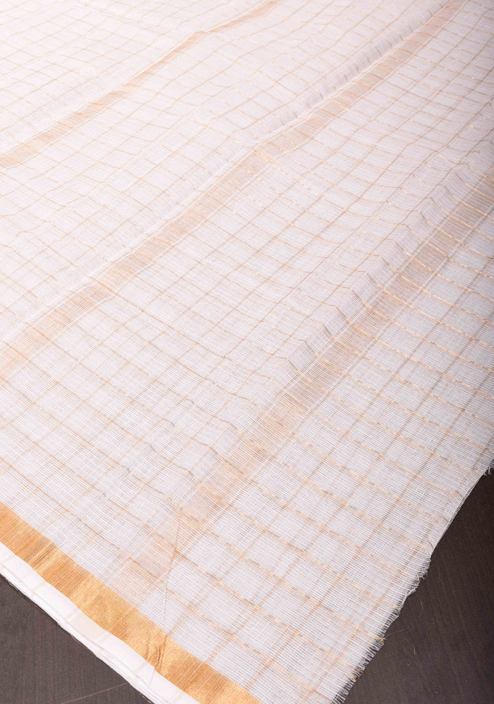 White Kota Doria Cotton Saree with Checks Pattern and Minimal Zari Border
