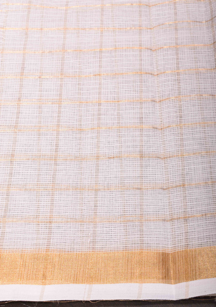 White Kota Doria Cotton Saree with Checks Pattern and Minimal Zari Border