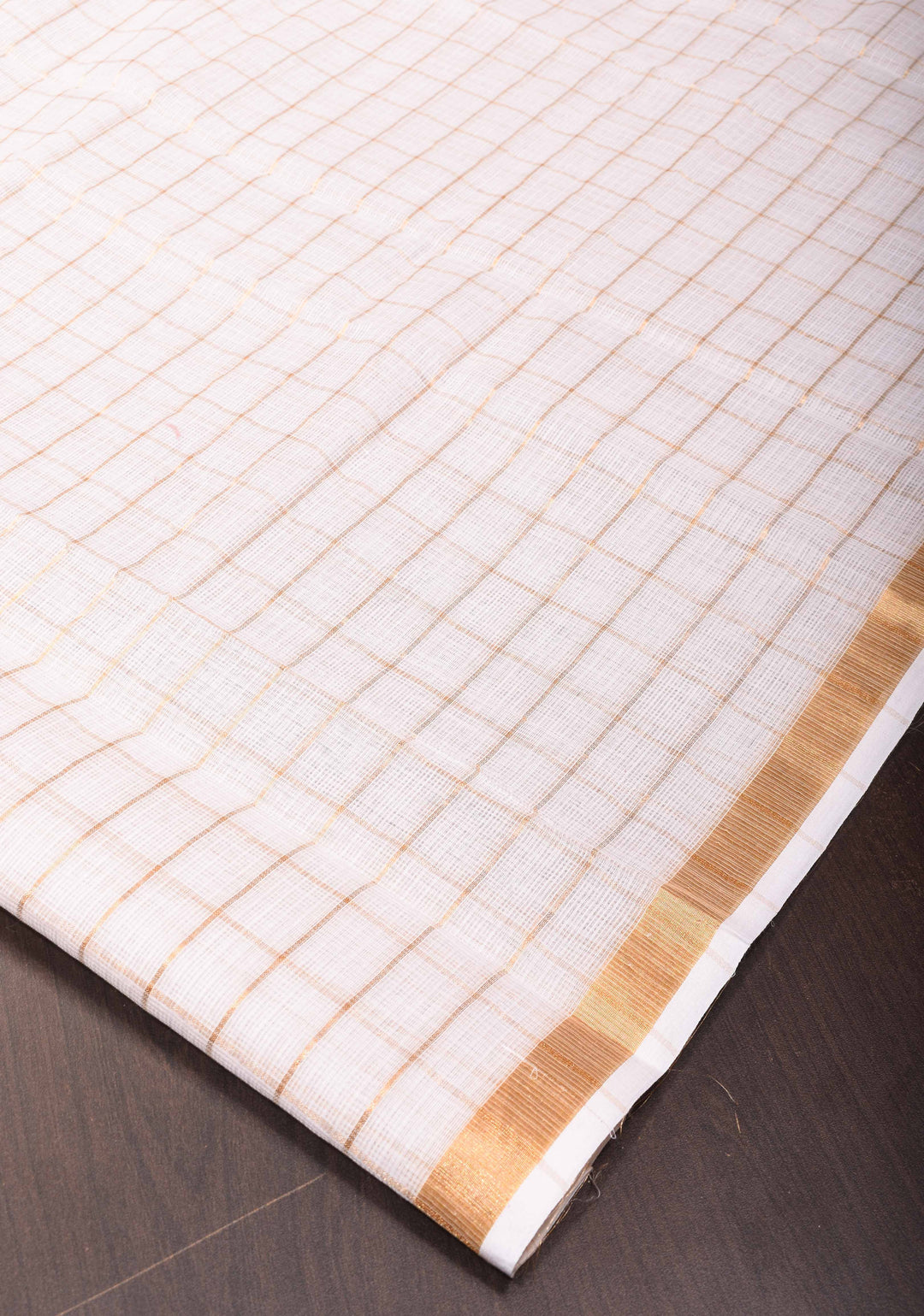 White Kota Doria Cotton Saree with Checks Pattern and Minimal Zari Border