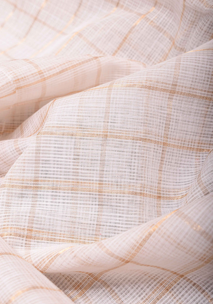White Kota Doria Cotton Saree with Checks Pattern and Minimal Zari Border