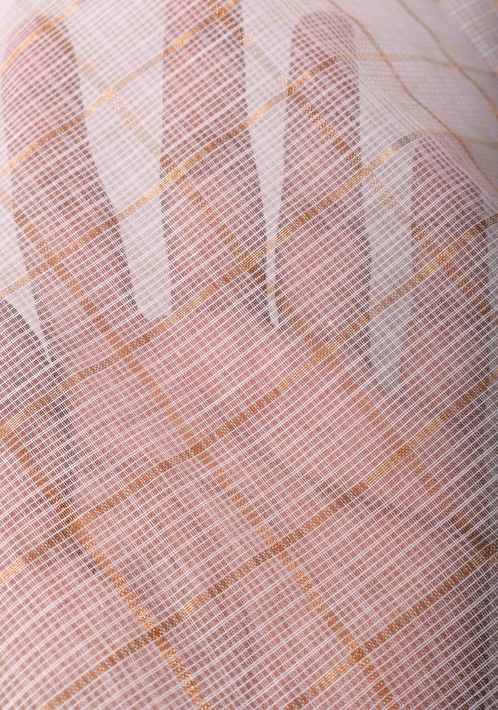 White Kota Doria Cotton Saree with Checks Pattern and Minimal Zari Border