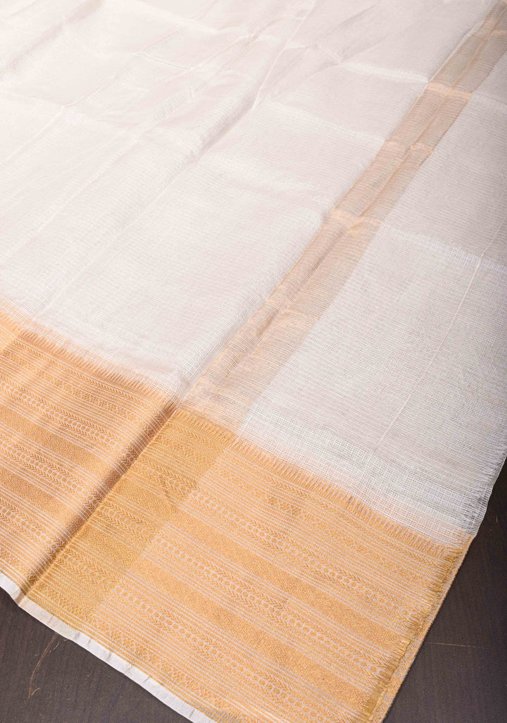 Elegant White Kota Doria Cotton Saree with Wide Zari Border