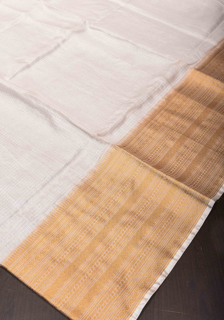 Elegant White Kota Doria Cotton Saree with Wide Zari Border