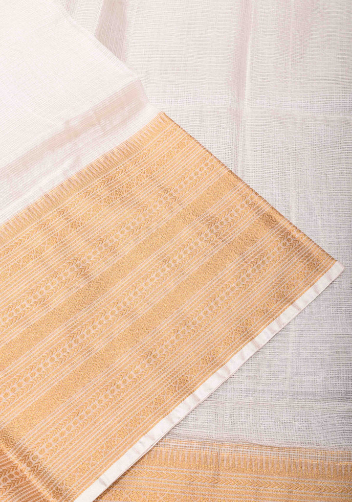 Elegant White Kota Doria Cotton Saree with Wide Zari Border