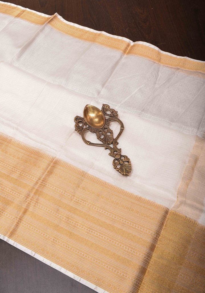 Elegant White Kota Doria Cotton Saree with Wide Zari Border