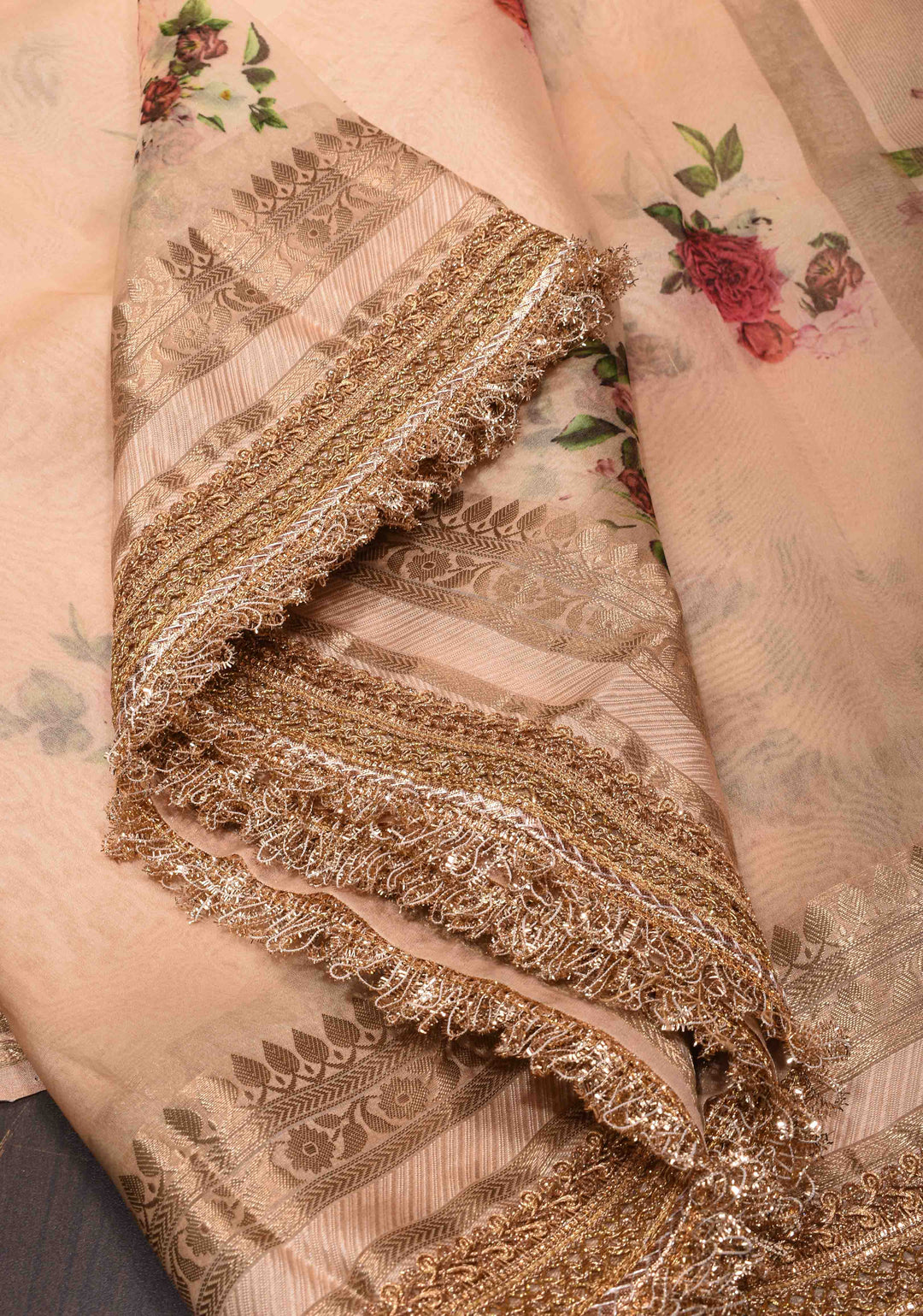 Pure Organza Silk Saree in Peach with Floral Digital Print and Lace Trim Border| SILK MARK CERTIFIED