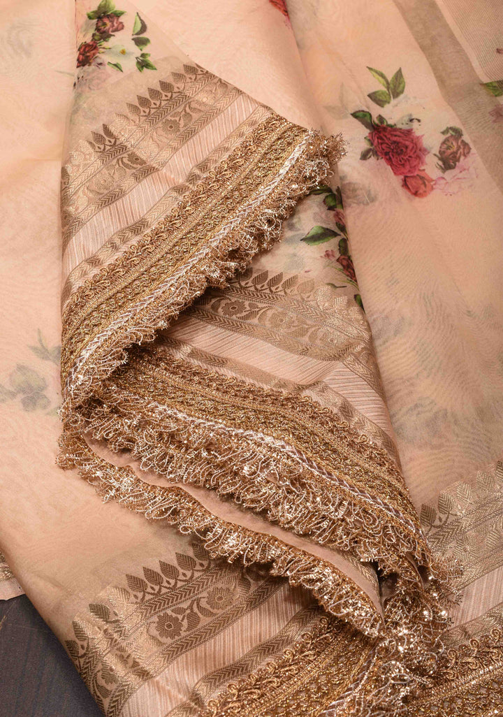 Pure Organza Silk Saree in Peach with Floral Digital Print and Lace Trim Border| SILK MARK CERTIFIED