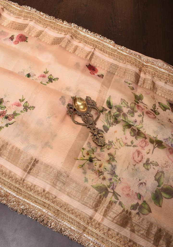 Pure Organza Silk Saree in Peach with Floral Digital Print and Lace Trim Border| SILK MARK CERTIFIED