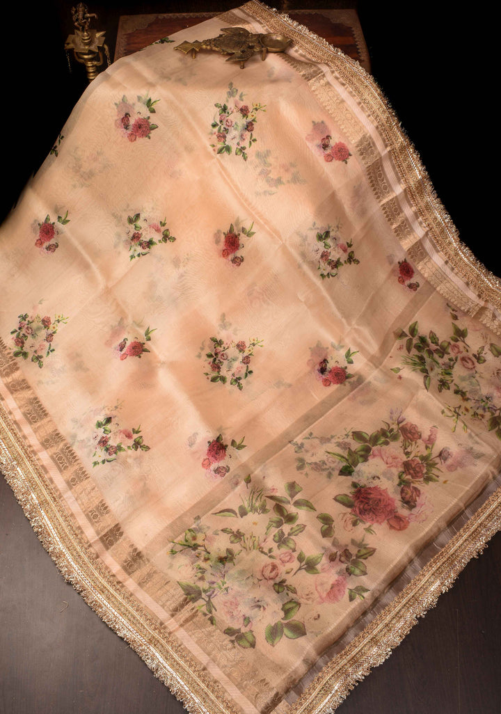 Pure Organza Silk Saree in Peach with Floral Digital Print and Lace Trim Border| SILK MARK CERTIFIED