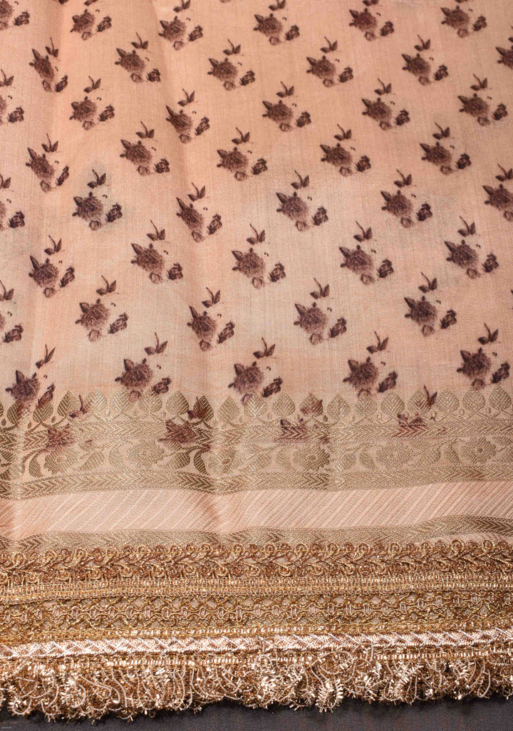 Pure Organza Silk Saree in Peach with Floral Digital Print and Lace Trim Border| SILK MARK CERTIFIED