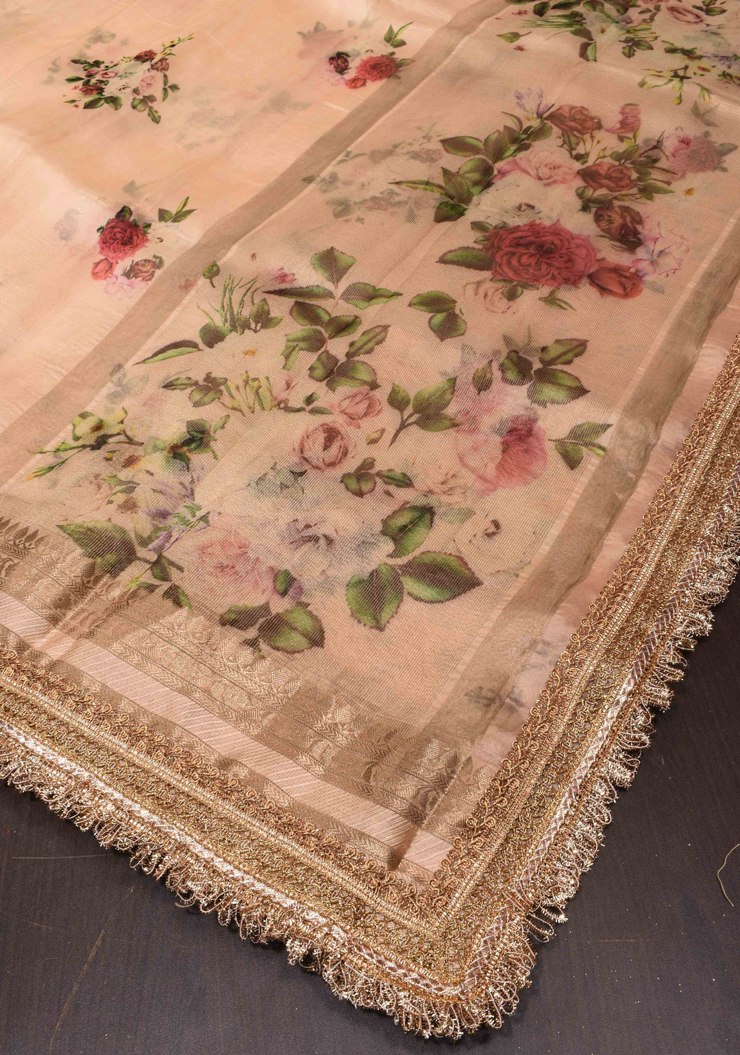 Pure Organza Silk Saree in Peach with Floral Digital Print and Lace Trim Border| SILK MARK CERTIFIED