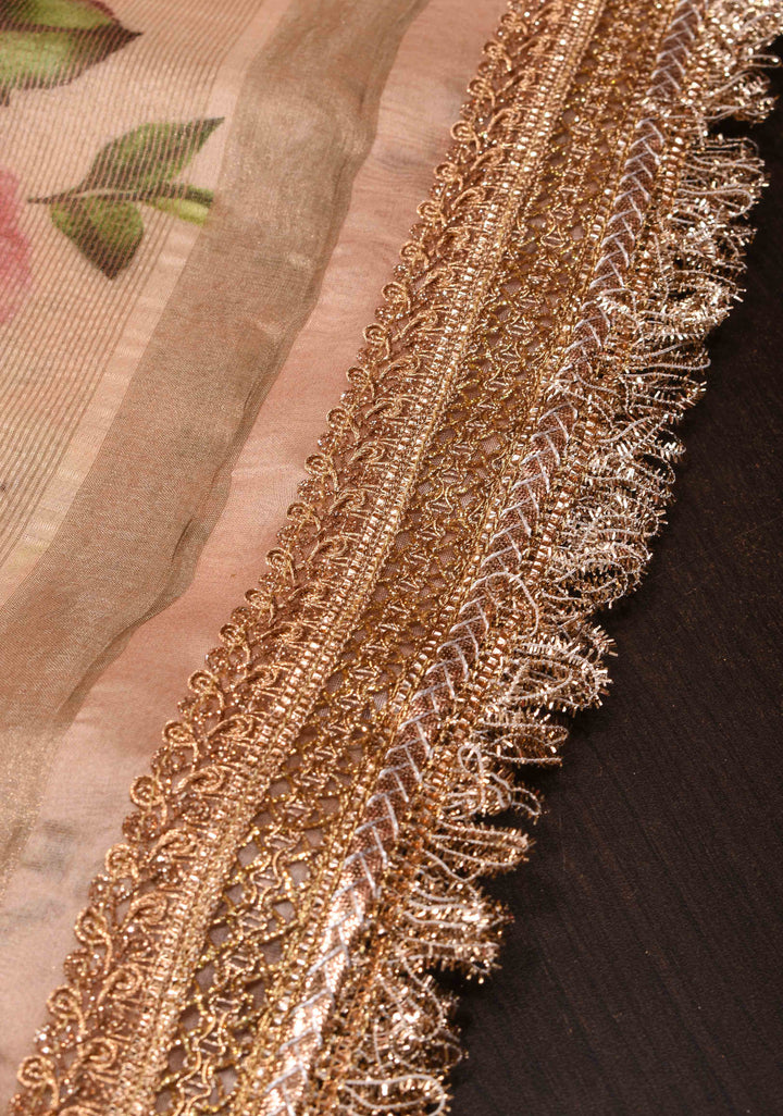 Pure Organza Silk Saree in Peach with Floral Digital Print and Lace Trim Border| SILK MARK CERTIFIED