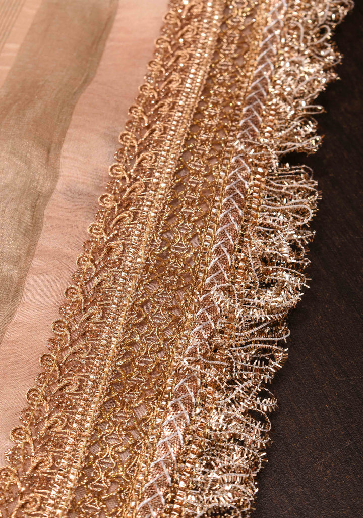Pure Organza Silk Saree in Peach with Floral Digital Print and Lace Trim Border| SILK MARK CERTIFIED