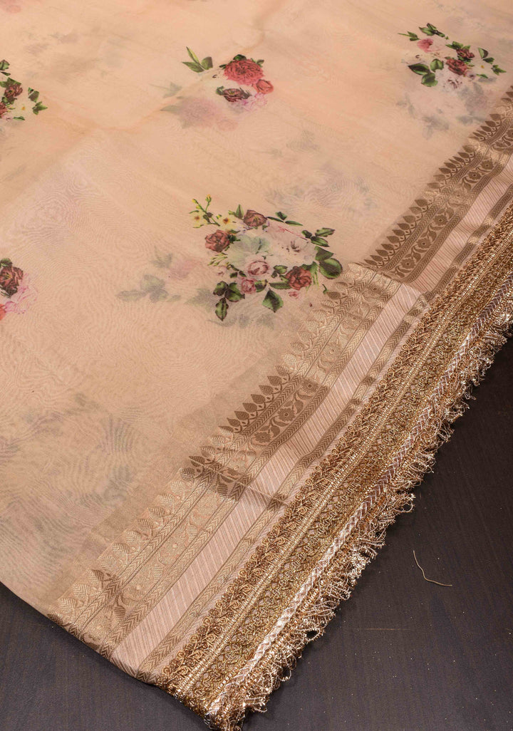 Pure Organza Silk Saree in Peach with Floral Digital Print and Lace Trim Border| SILK MARK CERTIFIED