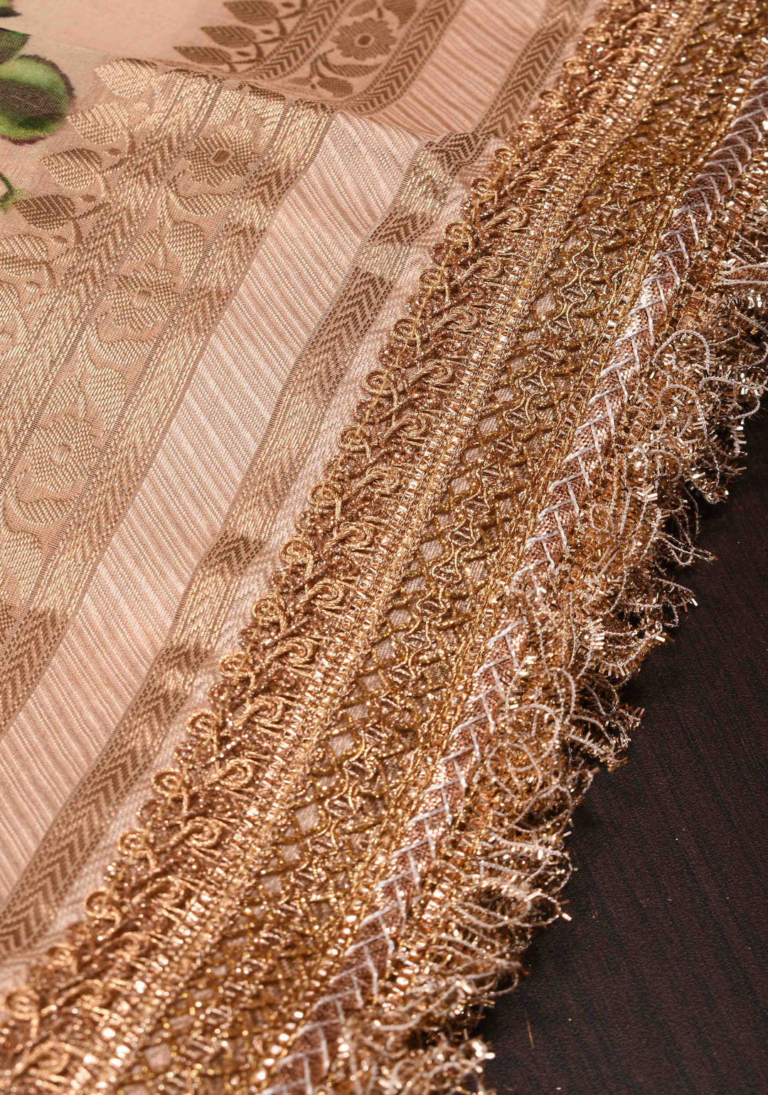 Pure Organza Silk Saree in Peach with Floral Digital Print and Lace Trim Border| SILK MARK CERTIFIED