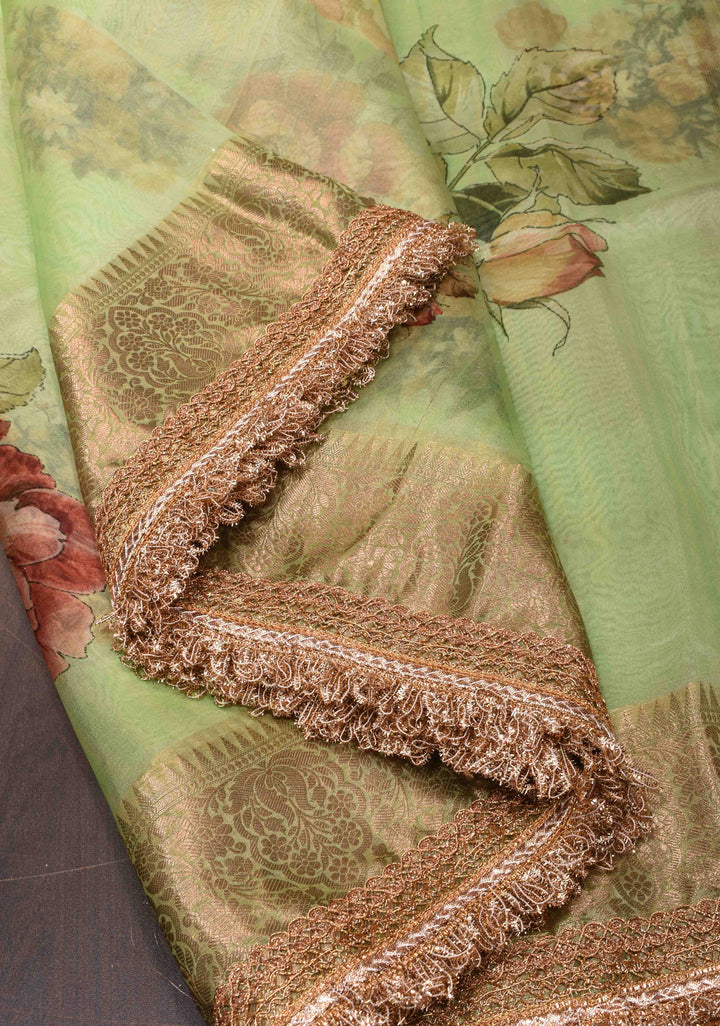 Pistachio Green Pure Organza Silk Saree with Floral Digital Print and Lace Trim Border| SILK MARK CERTIFIED