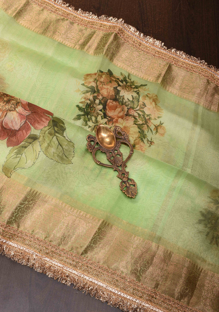 Pistachio Green Pure Organza Silk Saree with Floral Digital Print and Lace Trim Border| SILK MARK CERTIFIED