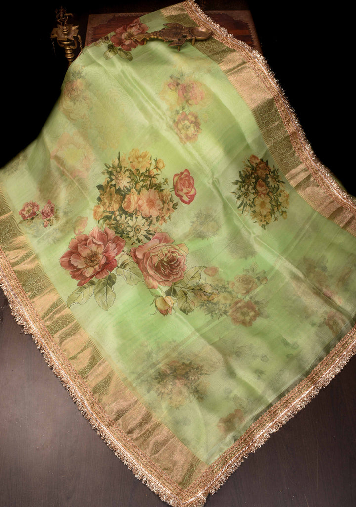 Pistachio Green Pure Organza Silk Saree with Floral Digital Print and Lace Trim Border| SILK MARK CERTIFIED