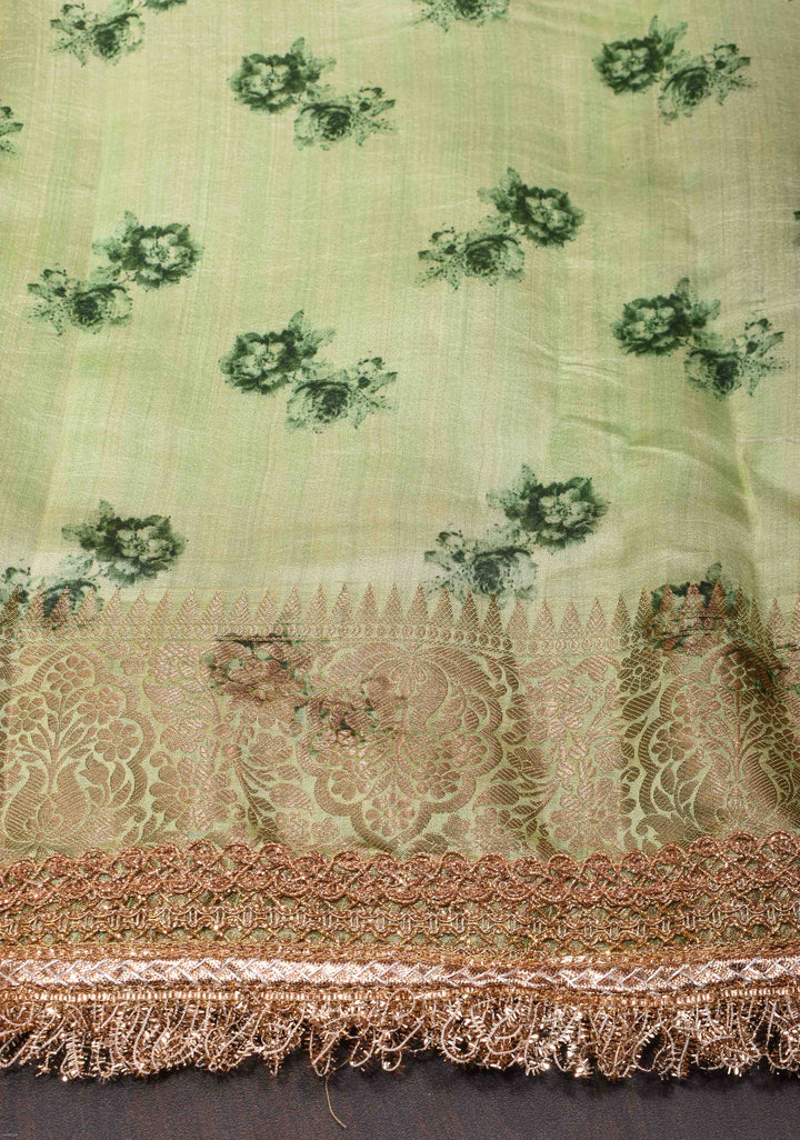 Pistachio Green Pure Organza Silk Saree with Floral Digital Print and Lace Trim Border| SILK MARK CERTIFIED
