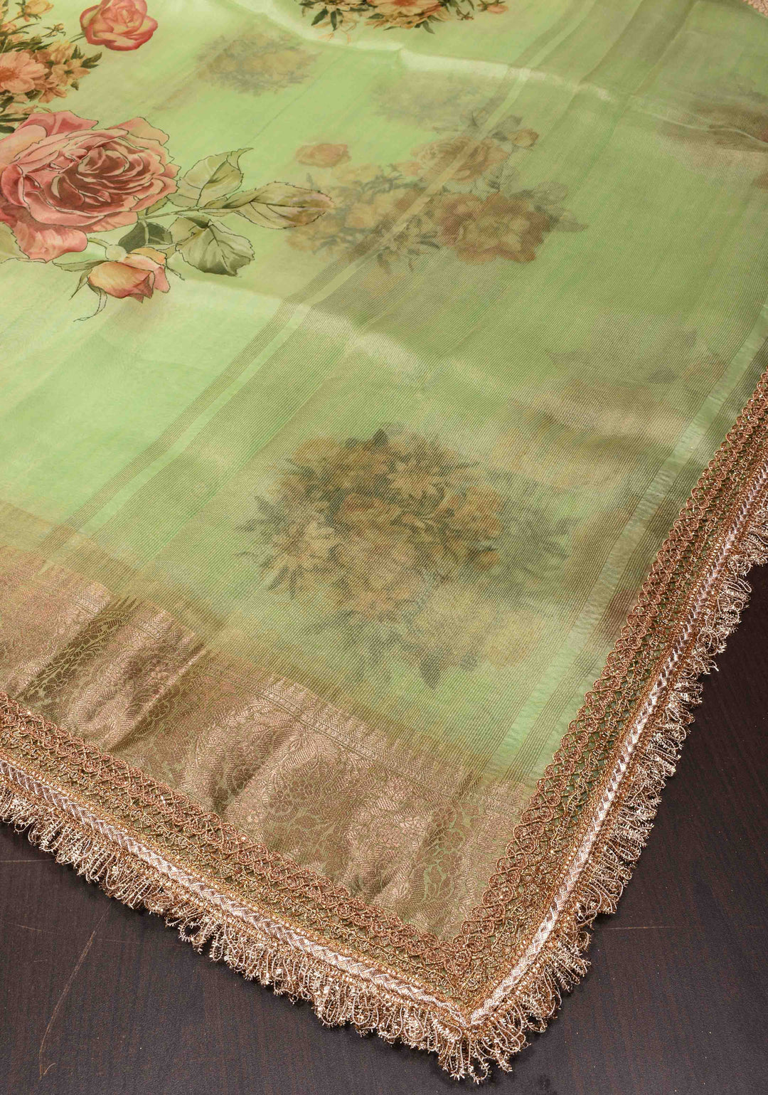 Pistachio Green Pure Organza Silk Saree with Floral Digital Print and Lace Trim Border| SILK MARK CERTIFIED