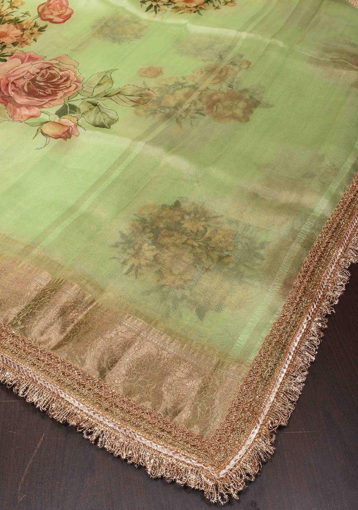 Pistachio Green Pure Organza Silk Saree with Floral Digital Print and Lace Trim Border| SILK MARK CERTIFIED