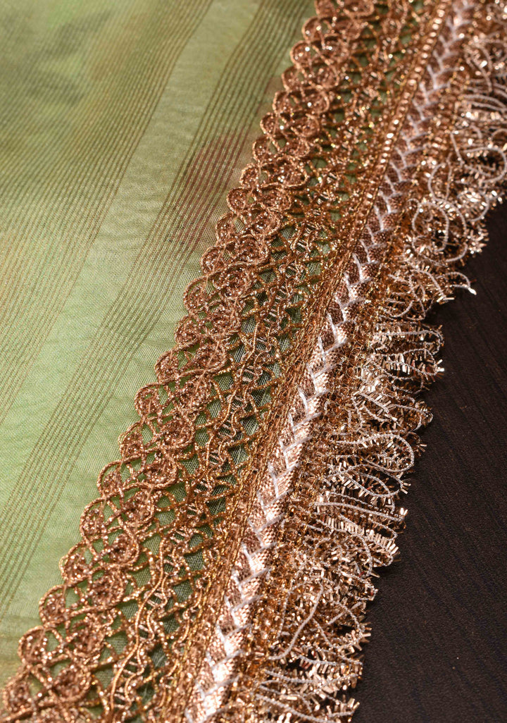Pistachio Green Pure Organza Silk Saree with Floral Digital Print and Lace Trim Border| SILK MARK CERTIFIED