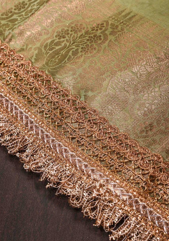 Pistachio Green Pure Organza Silk Saree with Floral Digital Print and Lace Trim Border| SILK MARK CERTIFIED