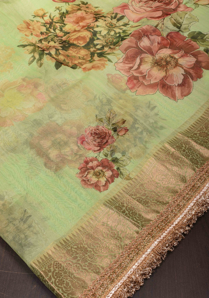 Pistachio Green Pure Organza Silk Saree with Floral Digital Print and Lace Trim Border| SILK MARK CERTIFIED