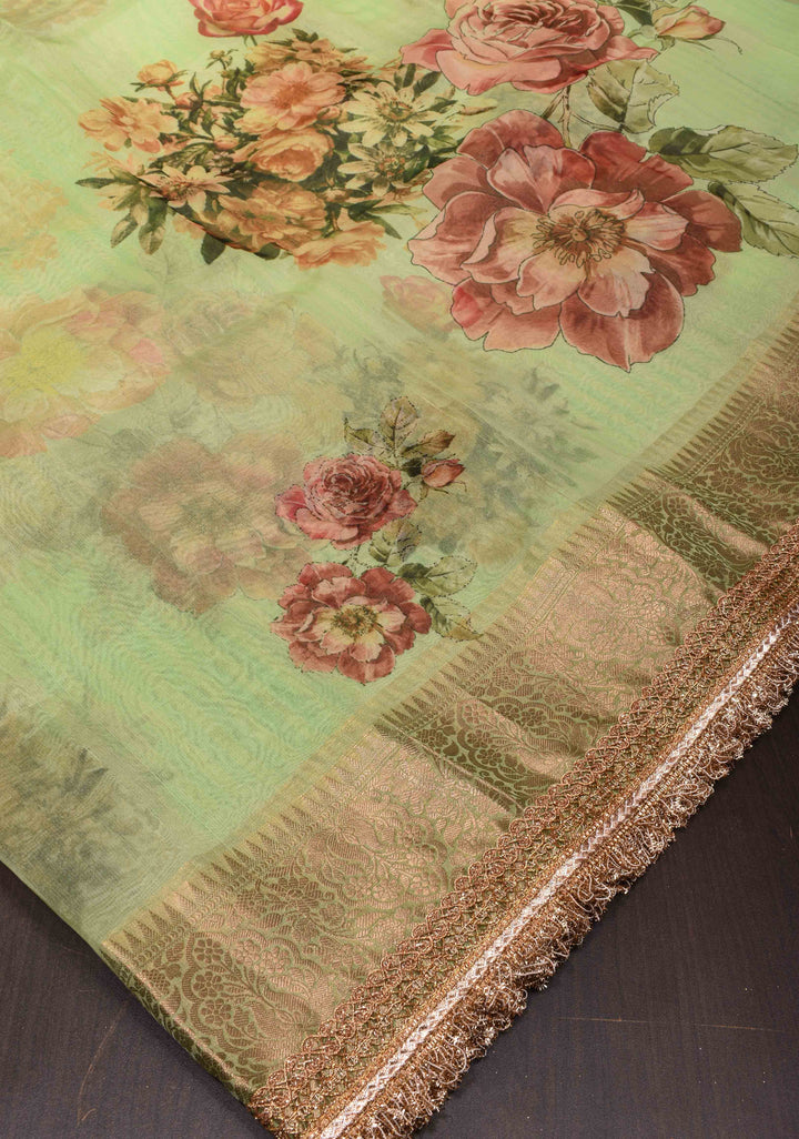 Pistachio Green Pure Organza Silk Saree with Floral Digital Print and Lace Trim Border| SILK MARK CERTIFIED