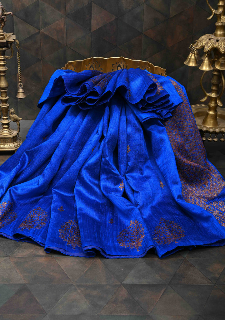 Royal Blue Borderless Banarasi Raw Silk Saree with Damask Antique Zari Buttas | SILK MARK CERTIFIED